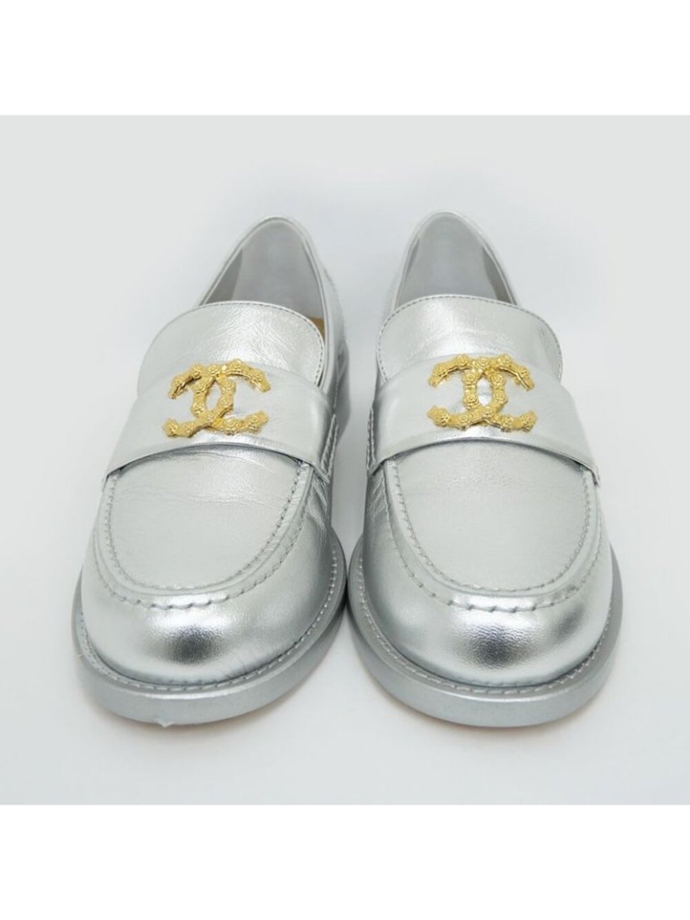 Chanel CC Logo Leather Loafers Silver Gold Hardware 37 1 2 - Picture 3 of 10
